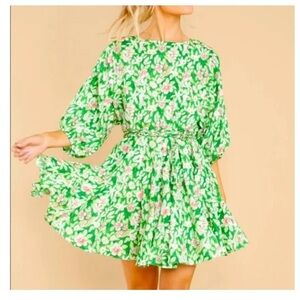 French violet boutique balloons sleeves Floral Green and Pink mini  Dress L